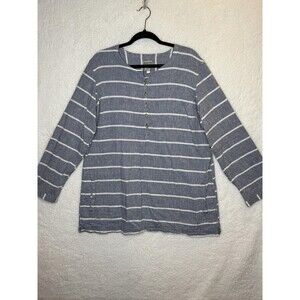 Duluth Trading Shirt Womens XL Blue White Striped Hemp Cotton Long Sleeve Henley